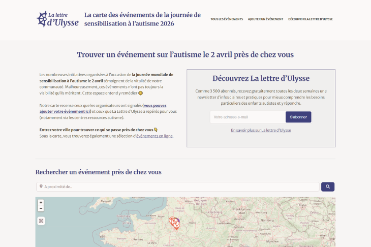 Carte des événements en lien avec la journée mondiale du TSA le 2 avril 2026.